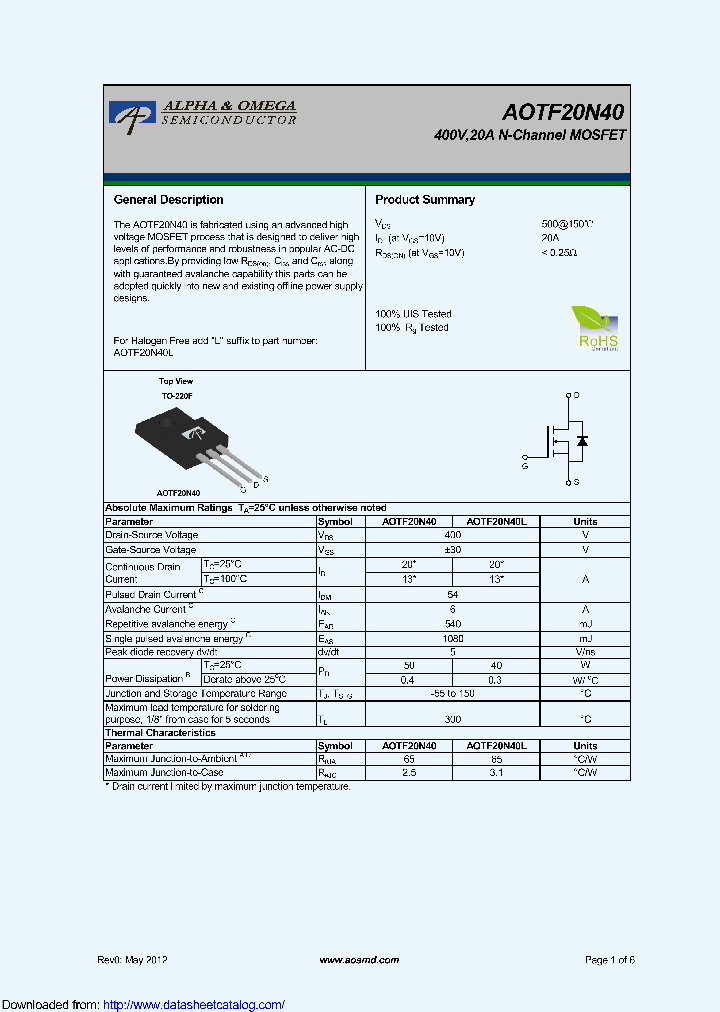 AOTF20N40_9126664.PDF Datasheet